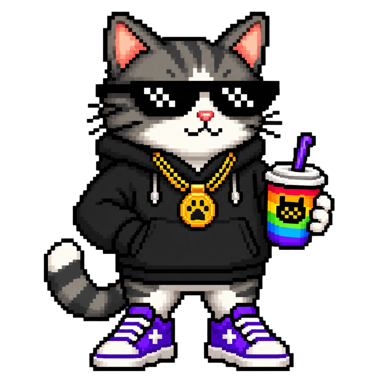 Rainbow Rizz Cat wearing sunglasses and holding a rainbow drink