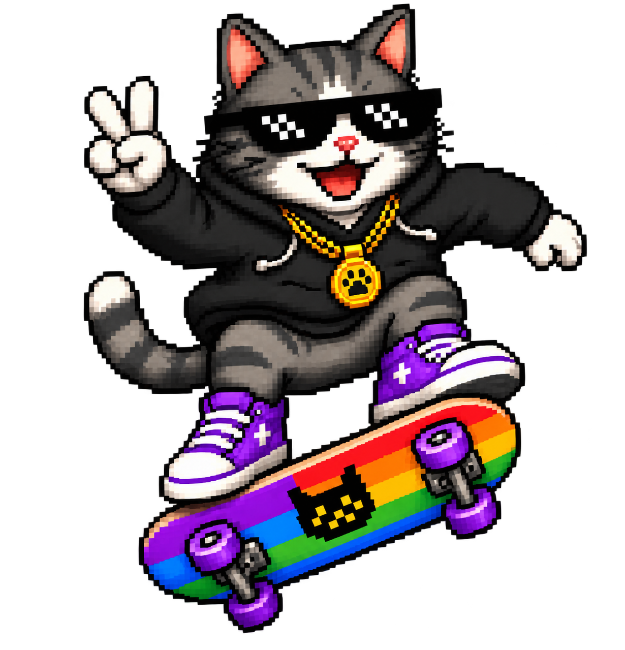 Rainbow Rizz Cat doing a skateboard trick