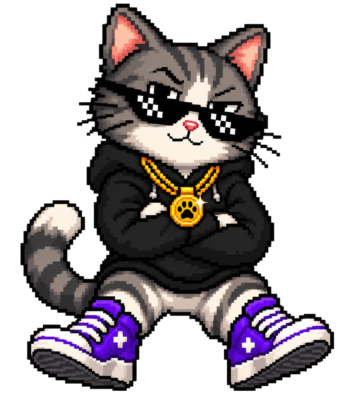 Rainbow Rizz Cat sitting with a smug expression